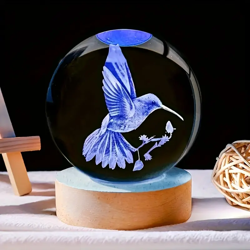 1pc 2.36in Bird Theme Hummingbird Crystal Lamp - Color-Changing, Polished Modern Crystal Table Lamp with Wood Base for Ambient Lighting, Bedside - Festive Decor Gift for Animal Lovers, 2.36 In