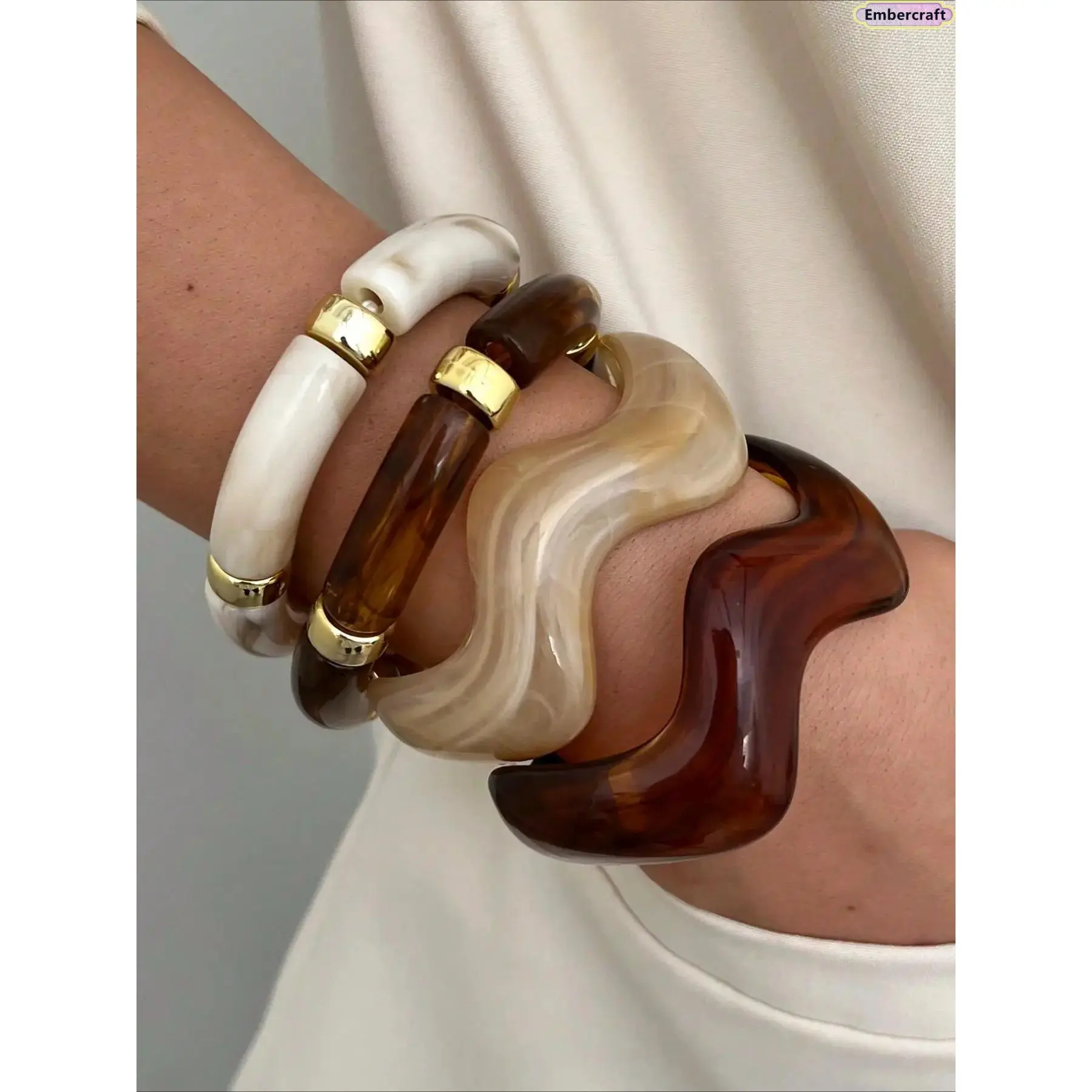 Women's Boho Bracelets Set, 4-Piece Wave-Shaped Resin Bangles, Stretchy and Stackable Jewelry for All Seasons, Jewelry Stack, Bangles Bracelets, Wrist Stack, Resin & Ccb, Stretchy Fit