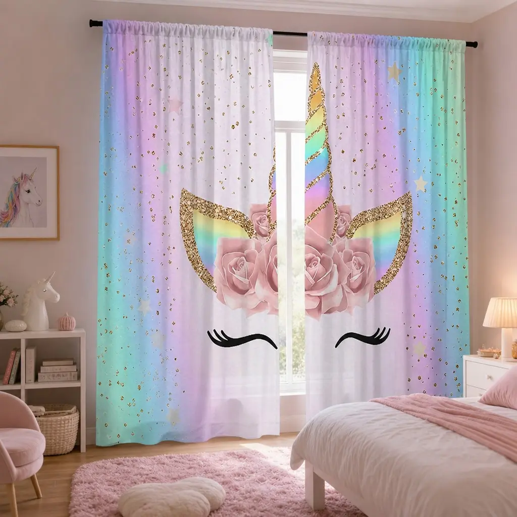 2 Piece Set Art Fairy Rainbow Unicorn Curtains, Digital Print Semi-Transparent Fabric, Living Room Bedroom Decor, Balcony Study Room