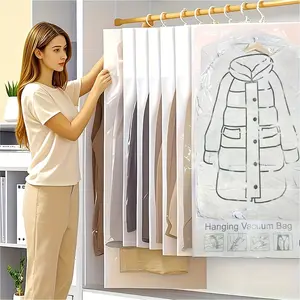 4pcs hanging vacuum compression bags, suitable for clothing, suits, jackets – space-saving wardrobe storage bags with a transparent front and a white back, plastic vacuum storage bags for organizing travel wardrobes. Available in both long and short versi