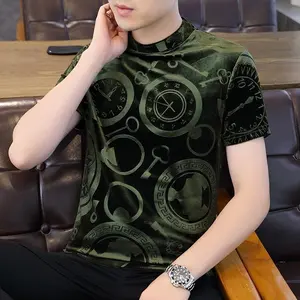 [Same-Frequency] 2026 New Spring Autumn Winter New Velvet Short Sleeve T-Shirt Men's Slim Fit Jacquard Dragon Pattern Base Shirt Top | Free gift Cuban Link Chain