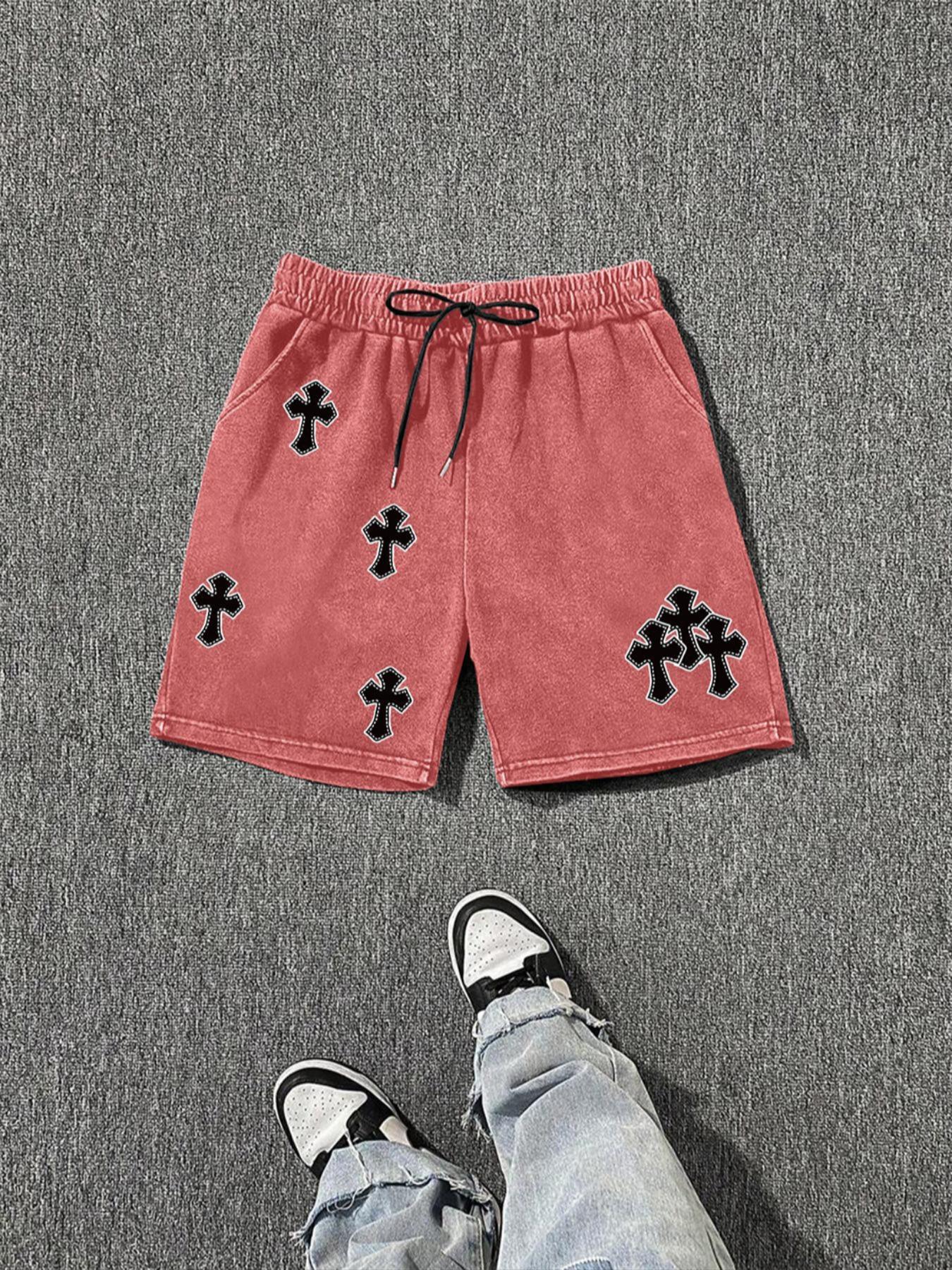 Men's Cross Print Washed Distressed Drawstring Waist Shorts, Loose Casual Street Style Graphic Shorts for Summer, Casual Streetwear Shorts, Men's Bottoms for Daily Wear