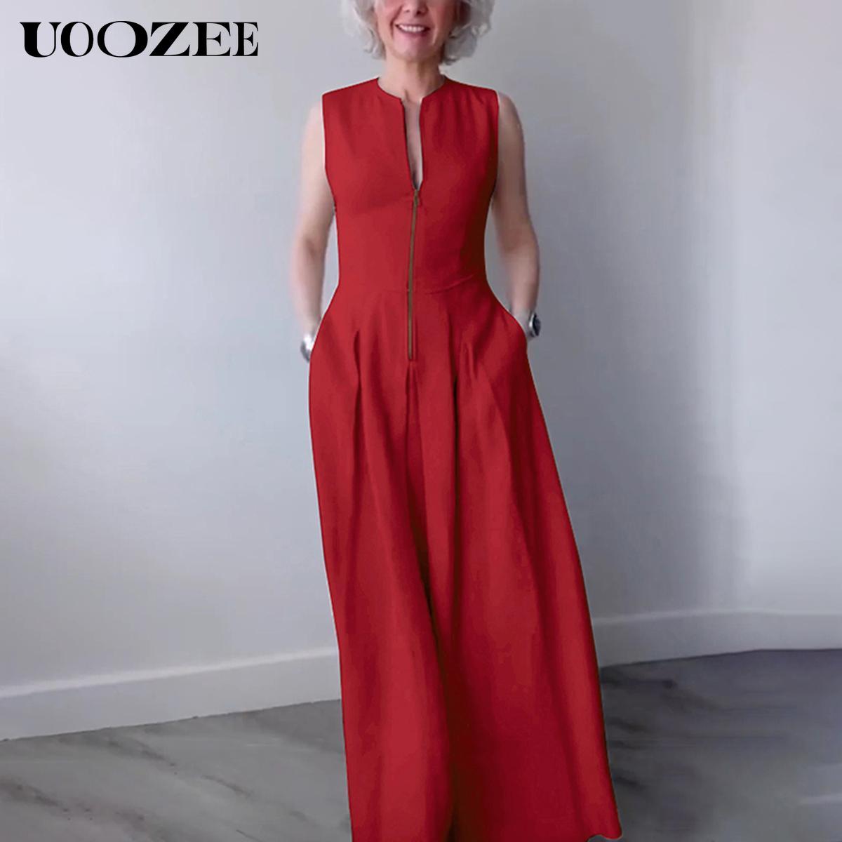UOOZEE Women's Summer Casual Elegant A-line Loose Pleated Pockets Zipper Round Neck Long Minimalist Dress. Smaller Bust Fit One Size Up Recommended for C - Cup Above & smaller bust can order a normal size. Multiple colors, Sleeveless Womenswear Check