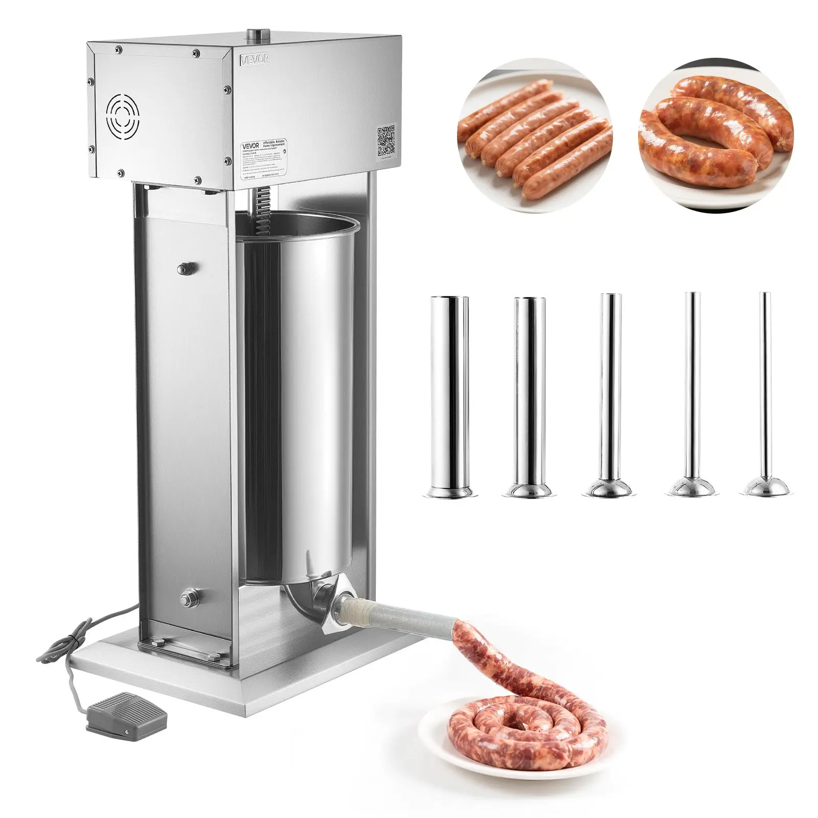 Electric Sausage Stuffer, 55 LBS/ 25 L Vertical Meat Stuffer, Stepless Speed Control and Foot Pedal, Stainless Steel Heavy Duty Sausage Filler with 5 Stuffing Tubes, for Commercial Home Use