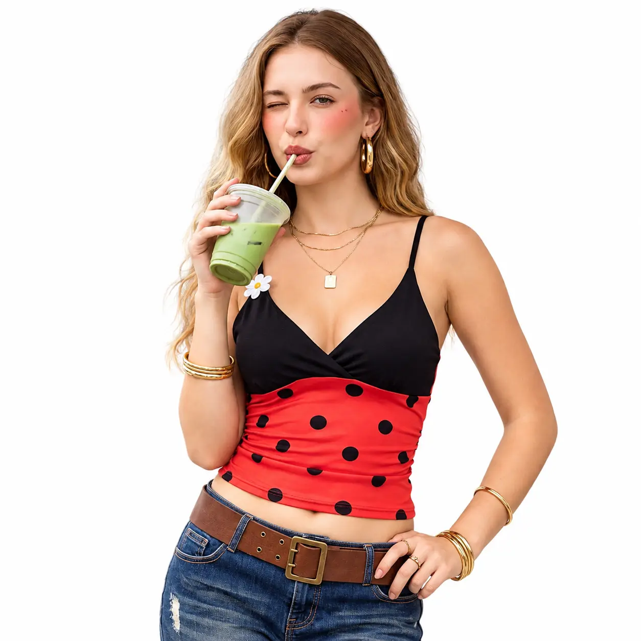 Ladybug Halloween Costume Cami Top for Women, Y2K Red Black Polka Dot V-Neck Spaghetti Strap Crop Top with Daisy Applique, Party Outfit