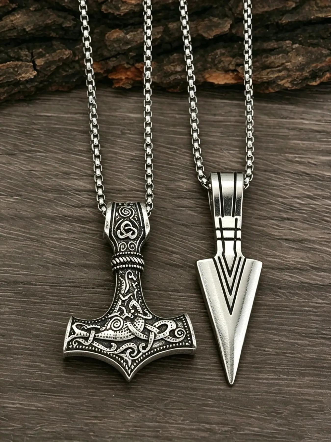 Viking Thor Hammer Pendant Necklace Set, Costume Necklaces, Arrow Spear Pendant, Stainless Steel, Retro Style, Men's Fashion Jewelry Gift, All Seasons