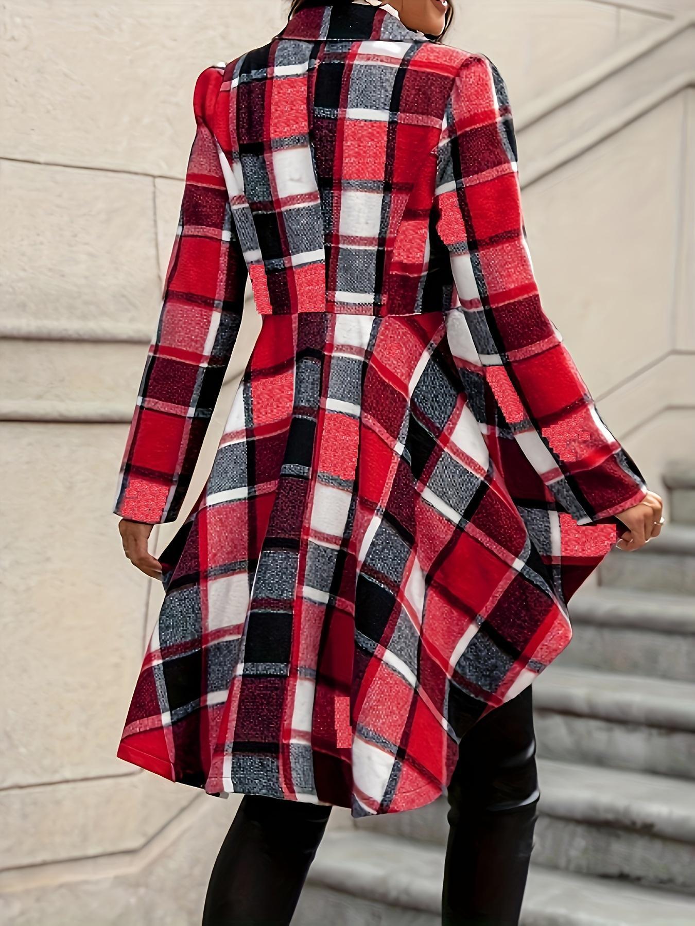 Women's Plaid Print Button High Low Hem Fitted Jacket Coats, Casual Long Sleeve Lapel Neck Open Front Outerwear for Fall & Winter, Ladies Clothes for Daily Wear, Womenswear