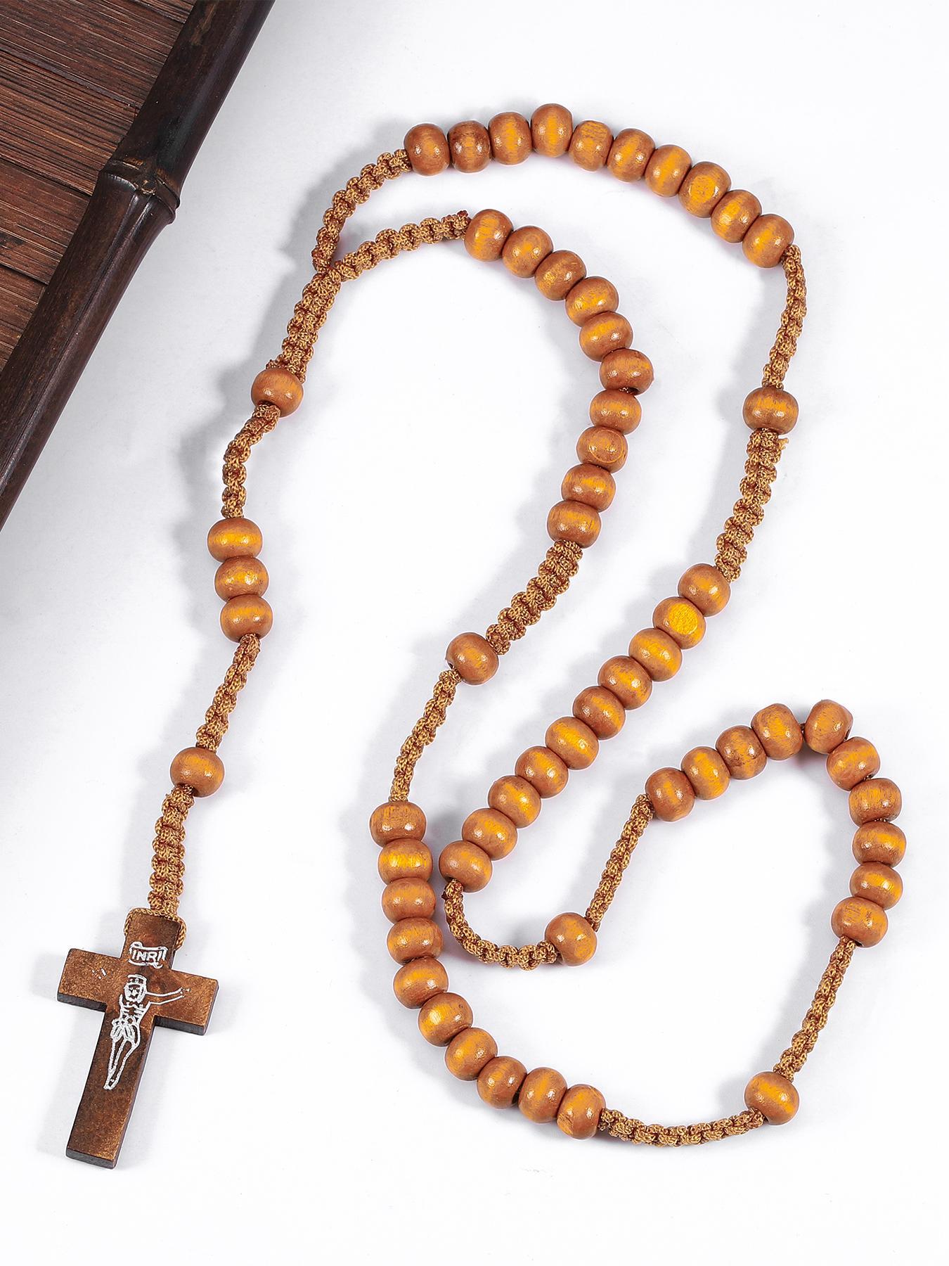 Vintage Wooden Beaded Rosary Necklace, Cross Pendant Necklace for Men & Women, Fashion Jewelry for Party, Daily Decor, Trendy All-match & Exquisite Jewelry for Birthday Gift, Cross Charm Necklace, Dainty Cross Necklace