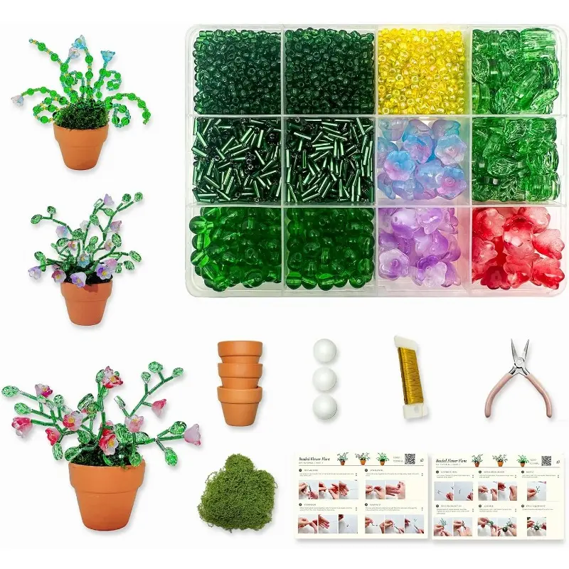Green Glass Beaded Plant DIY Kit - Flower Leaf Beading Craft for Window Suncatcher Desk Decor, Includes Tools Pots & Instructions, Creative Craft Gift for Adults Teens