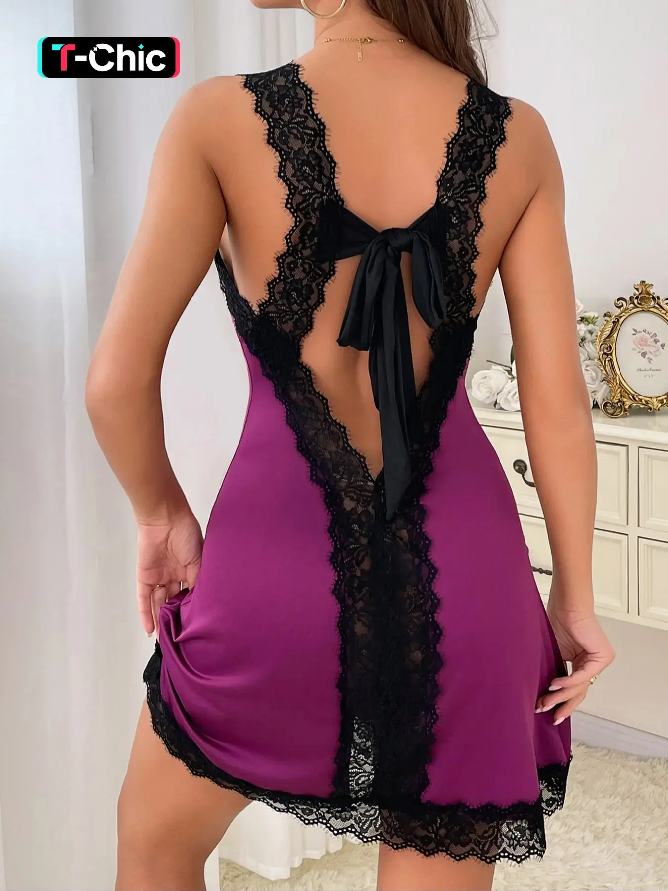 Women's Sexy Elegant Strapless Lace Nightdress, Adjustable Thin Straps, Back Split, Suitable for Sports, Dates, Parties, Nightwear