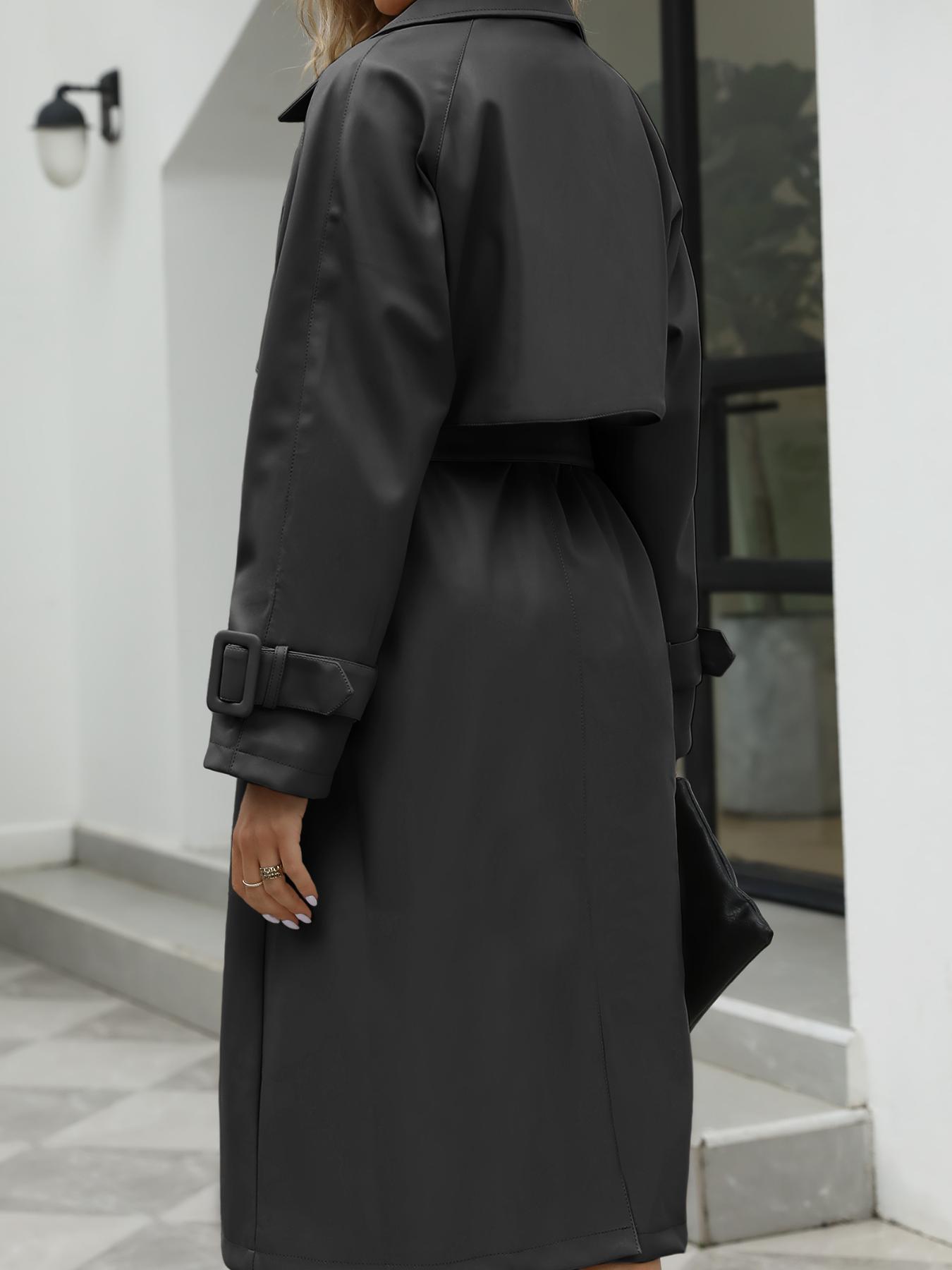 Women's Spring British Style PU Long Jacket, Casual Fitted Windbreaker, Lightweight Elegant Commuter Coat, Includes Waistband