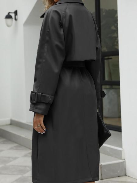 Women's Spring British Style PU Long Jacket, Casual Fitted Windbreaker, Lightweight Elegant Commuter Coat, Includes Waistband