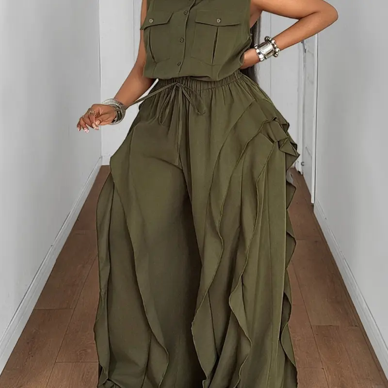 Plus Size Women's Lapel Button-Front Sleeveless Ruffle Jumpsuit, Loose Fit, Comfortable and Stylish One-Piece for Everyday Wear