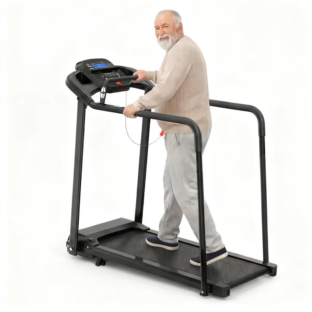 Walking Pad Treadmill for Senior, Foldable Exercise Treadmill with Stable and Safe Structural Design, Large LED Display for Elderly, Long Handrail for Balance, 300 Lbs Capacity