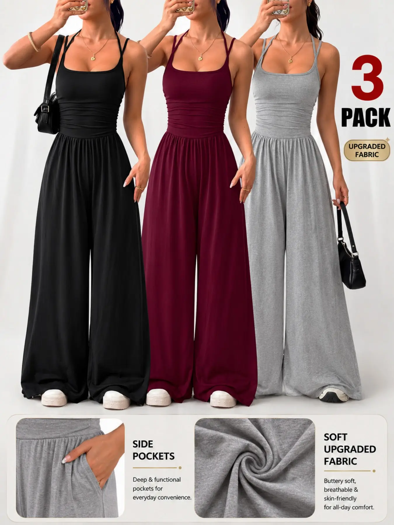 Women's Sleeveless Jumpsuit, Pleated Waist Wide-Leg Pants, One-Piece Design, Fitted Style, All-Season Wear, Plain Pattern