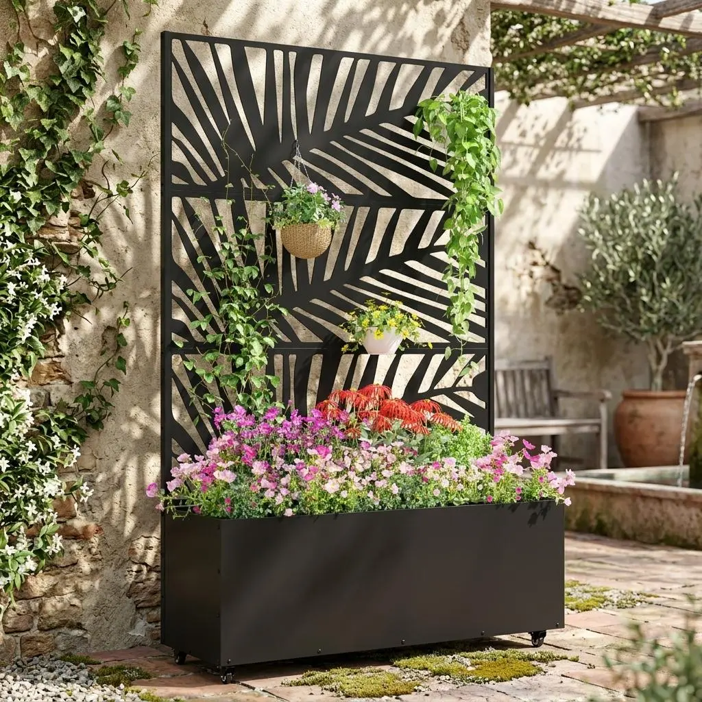 Heavy Duty Metal Planter Box with Trellis, 15.7in Deep Raised Garden Bed with Drainage Holes, Large Privacy Plant Container for Vines Vegetables Patio Backyard 72"x35"x16"