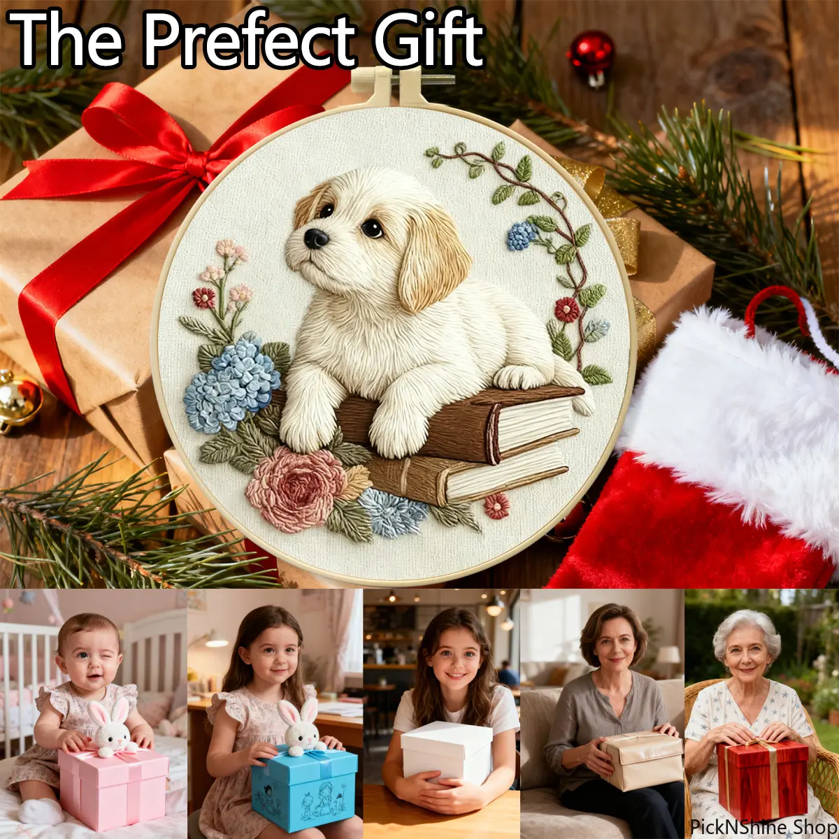 Embroidery Kit for Adults Puppy Floral Needlework DIY Craft Handmade Wall Decor for Dog Lovers