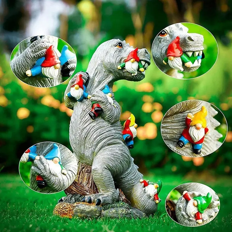 Outdoor Garden Dwarf Statue Decoration Resin Ornament, Dinosaur Eating Dwarf Garden Art Decor, Whimsical Imaginative Playful Unique Outdoor Sculpture for Gardens Resin Sculptures