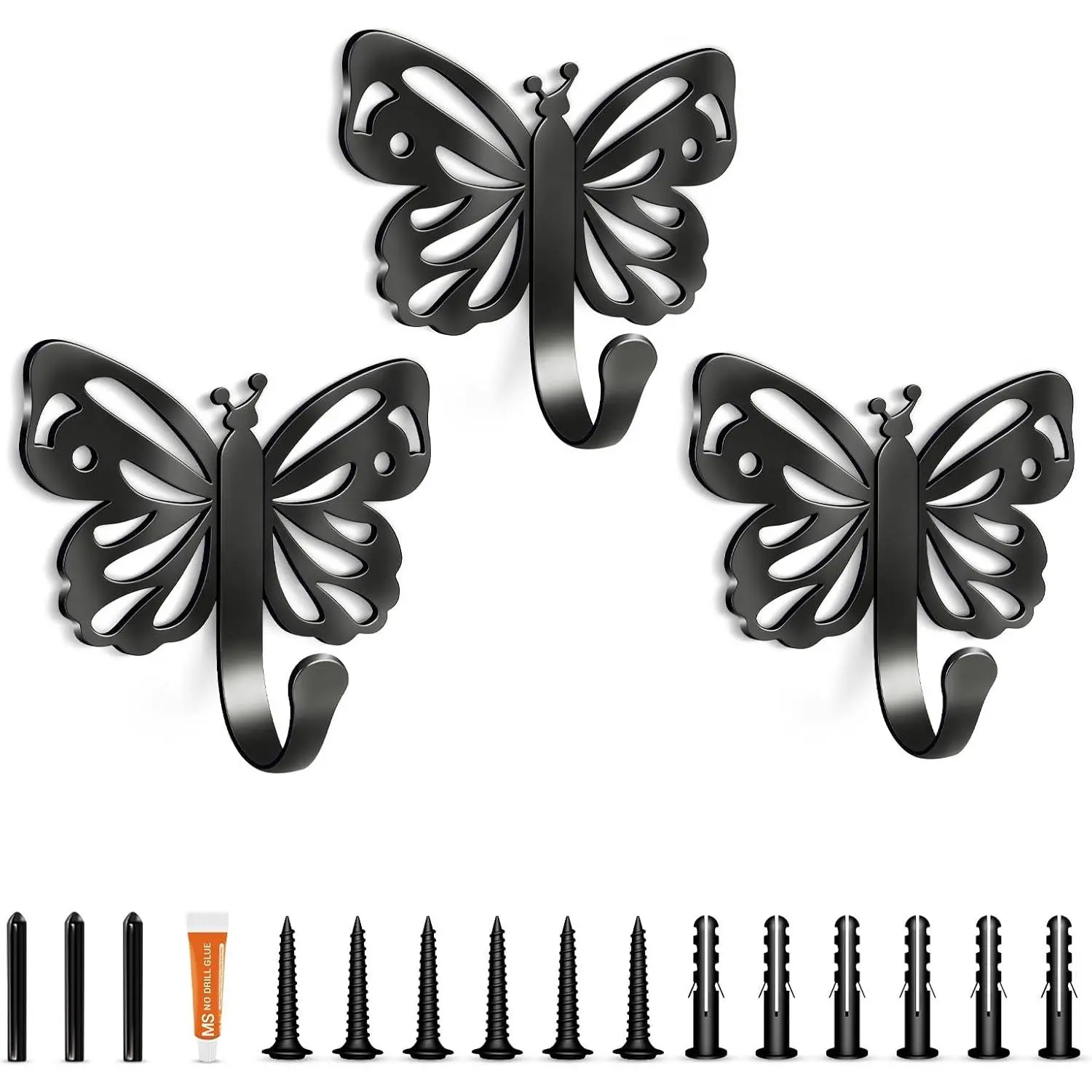 Aluminium Butterfly Wreath Hanger Hooks - Screw Installation, 3-Set Black Home Decor Hooks for Living Room, Bedroom (Coat, Bag, Scarf, Hat, Key, Cup)