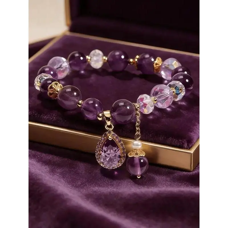 Prosperity Lucky Imitated Amethyst Water Drop Pendant Beaded Bracelet - Imitated Stone Purple Crystals, Beaded Layering Romantic Look, Holiday Gifts for Valentine's Day, Stretchy Fit, Crystal Drop Bracelets & Bangles, Valentine Gifts, Valentine's Day Acce
