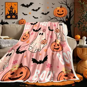Pink Halloween Flannel Blanket Cute Ghost Pumpkin Bat Print Soft Cozy Lightweight AC Throw Blanket for Kids and Adults Spooky Season Room Decor Sofa Bed Bedroom Living Room Home Decor Movie Night Fall Aesthetic Birthday Gift Christmas Gift Halloween Gift