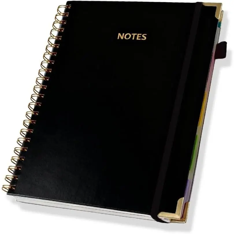 Hardcover Spiral Five Subject Notebook, Multi Subject Notebooks, Black | Removable Dividers, Large Leather Journal, 150 Sheets, 300 Pages, 8.5''x11'',  Letter Size