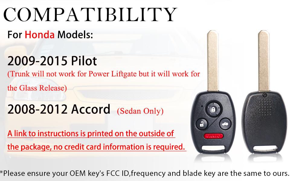 Key Fob Remote Replacement Fits for Honda Pilot 2009 2010 2011 2012 2013 2014 2015 / Accord (Sedan Only) 2008-2012 KR55WK49308 Keyless Entry Remote Control 35118-TA0-A00