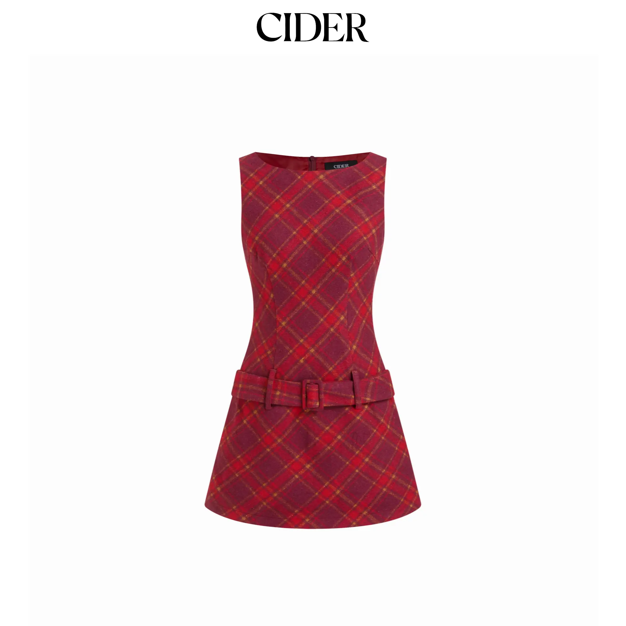 Cider Cotton-blend Round Neckline Tartan Mini Dress With Belt SohoChic