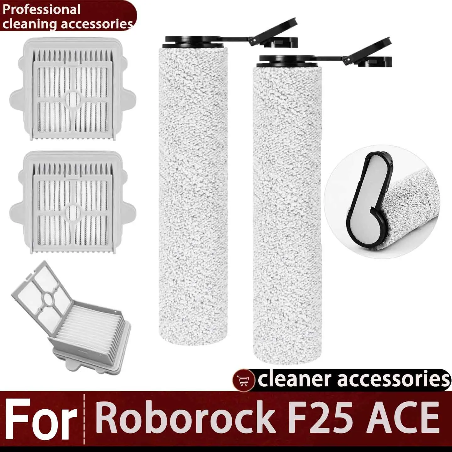 Replacement Brush Rollers and Hepa Filters for Roborock F25 Series, Includes 2 Roller Cloths and 3 Filters, Wet Dry Vacuum Accessories
