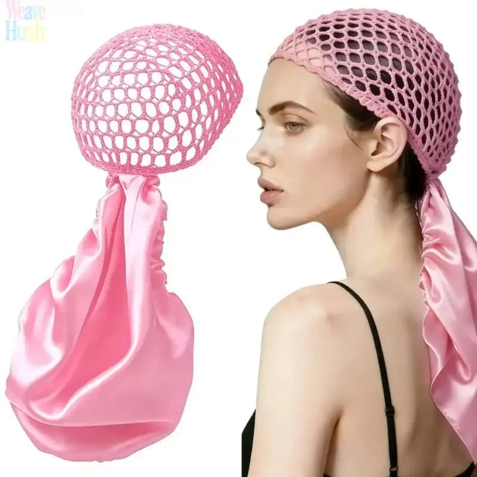 Non-Detachable Reversible Satin Hair Wrap with Mesh Net, Adjustable Soft Band Protective Hair Cover, Heat Friendly Handmade Accessory for Silk Press Curly Braided Hair Daily Care