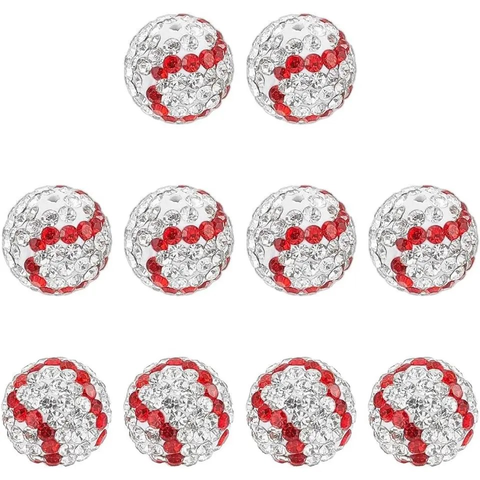 10 count 12mm Rhinestone Clay Beads Baseball Rhinestone Beads Round  Pave Bead Disco Ball  Clay Bead for Baseball Rhinestones Necklace Bracelet Making- 1.4mm Hole
