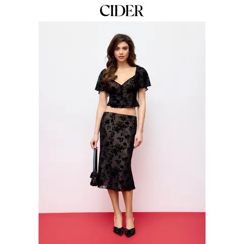 Cider Mesh Sweetheart Floral Lace Ruffled Top & Lettuce Trim Mermaid Maxi Skirt Set