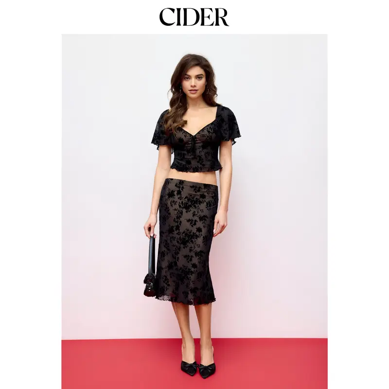 Cider Mesh Sweetheart Floral Lace Ruffled Top & Lettuce Trim Mermaid Maxi Skirt Set