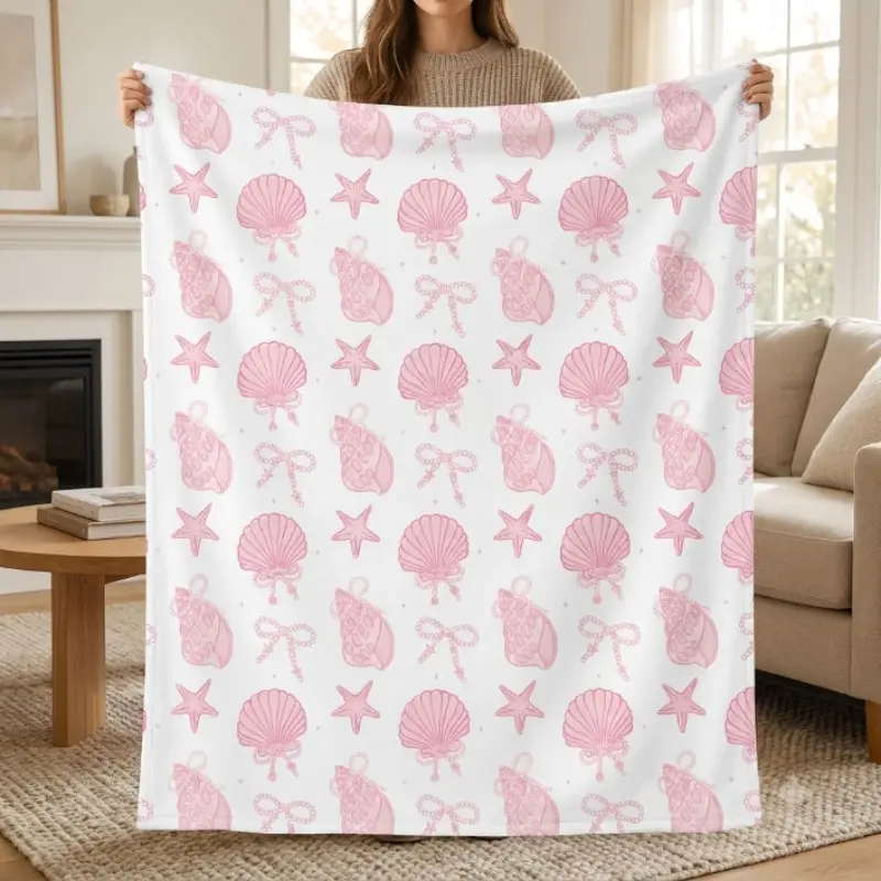 Pink Seashell Bow Flannel Blanket, Coastal Beach Throw Blanket, Cute Starfish & Shell Print, Soft Cozy Blanket for Girls, Bedroom Sofa Dorm Decor, Summer Ocean Lover Gift