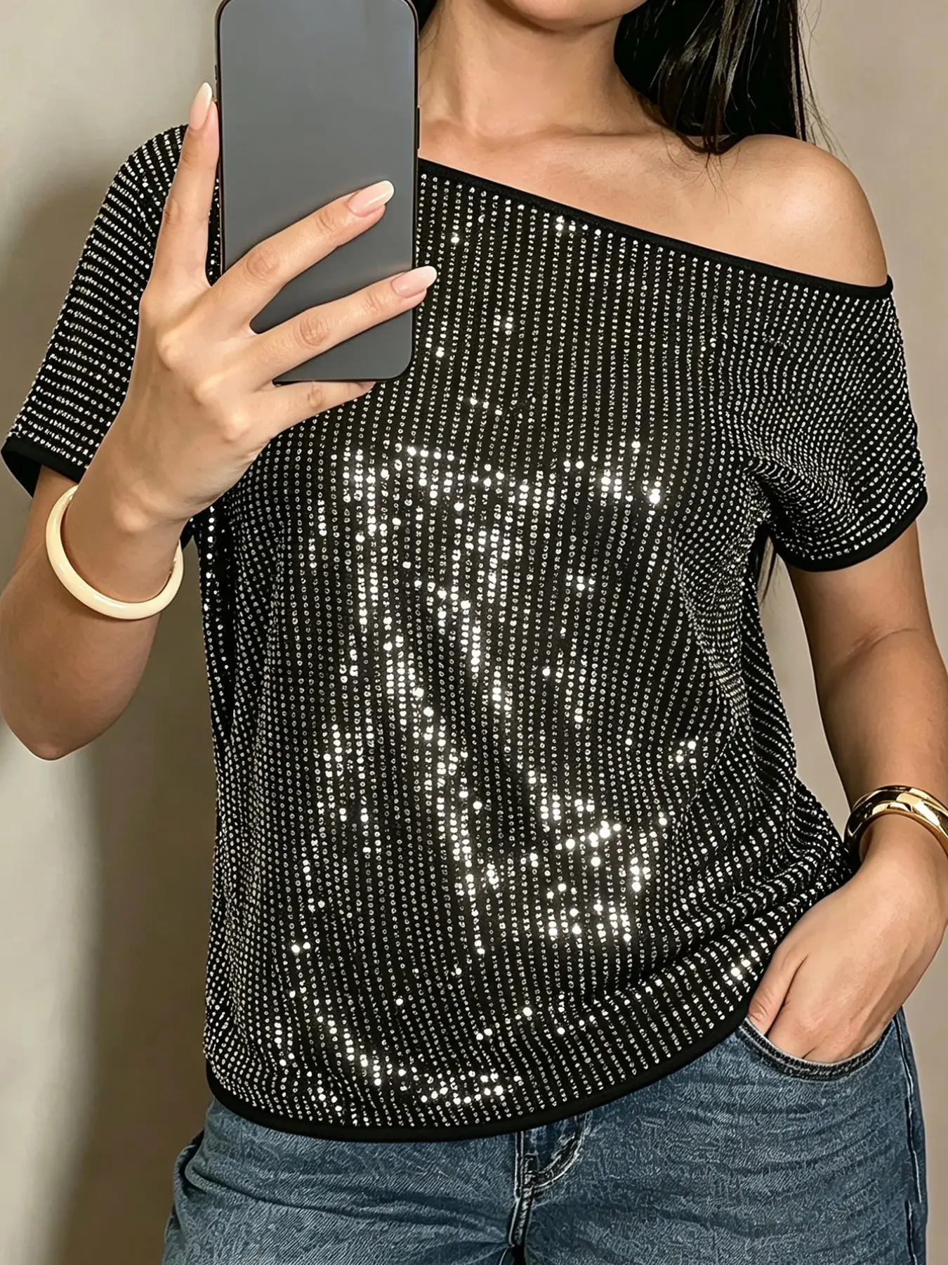 Women's Fashion Casual Loose Asymmetrical Sequin T-Shirt, Perfect for Parties, Vacations, and Gatherings, Stylish and Comfortable Top