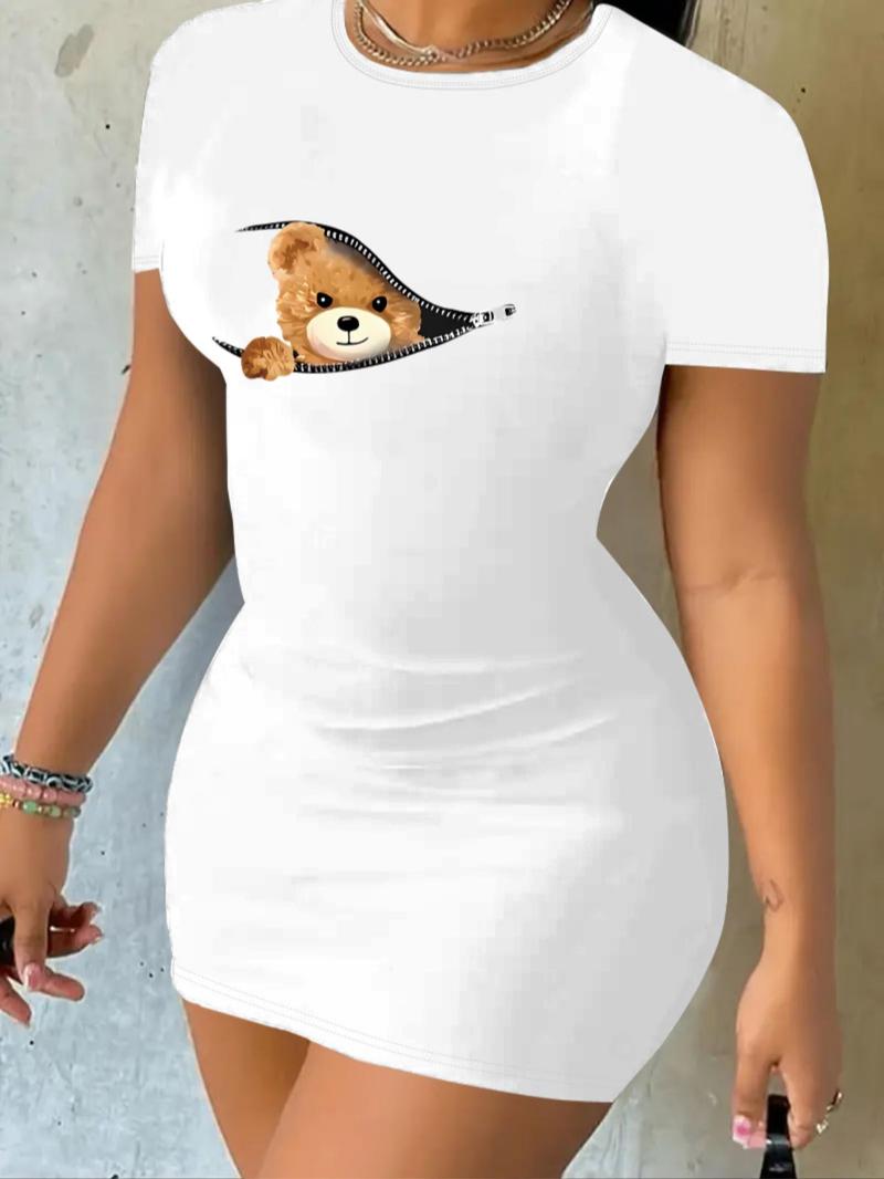 Women's Cartoon Bear Print Round Neck Bodycon Dress, Cute Casual Short Sleeve Dress for Daily Outdoor Wear, Ladies Clothes for All Seasons