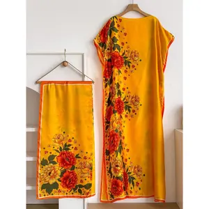 Elegant Floral Long Robe Set – Moomoo Dress with Silk Headscarf, Boho Beach Cover Up & Sun Protection Outfit for All Seasons