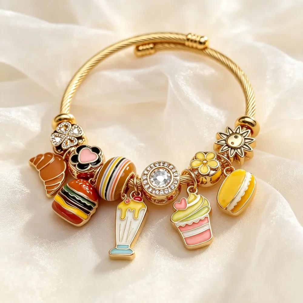 Summer Dessert Food Charm Bracelet Twisted Cable Bangle Dangle Wristband Burger Milkshake Croissant Cupcake Macaron Pendants Sun Flower Beads Dopamine Fashion Jewelry Gift For Women