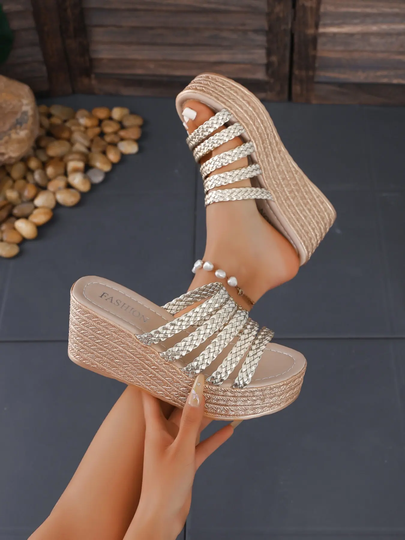 Summer European Style Braided Wedge Sandals, Women's Large Size Thick Sole Platform Flip Flops, Outdoor Wear Height-Boosting High Heel Shoes
