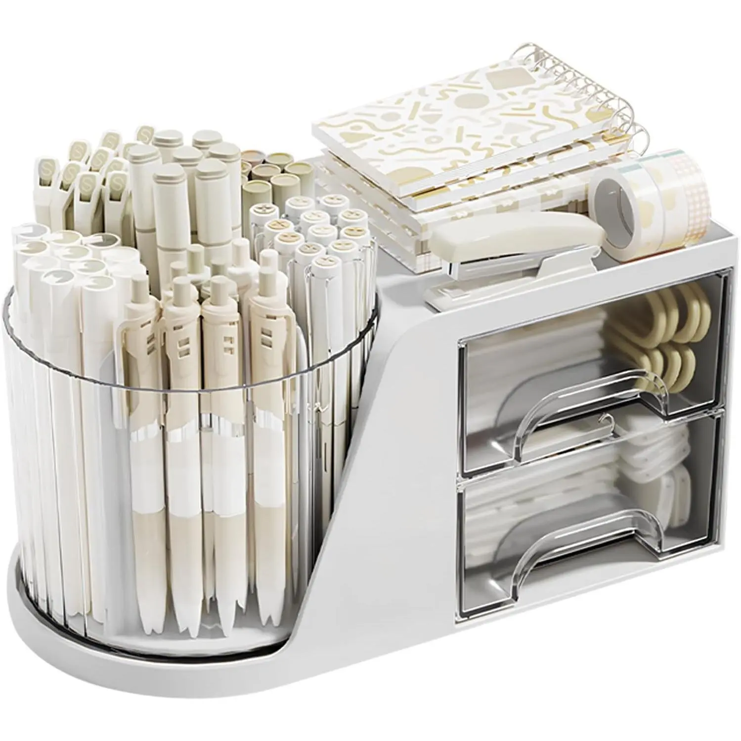 White Rotating Desk Organizer with Pencil Pen Holder and 2 Small Drawers, Desk Caddy for Office Workspace Organization and Storage