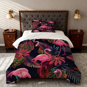 2/3PCS Boho Tropical Flamingo Duvet Cover Set, Single Side Print No Insert, Exotic Bedding Decor & Holiday Gift for Bedroom & Guest Room