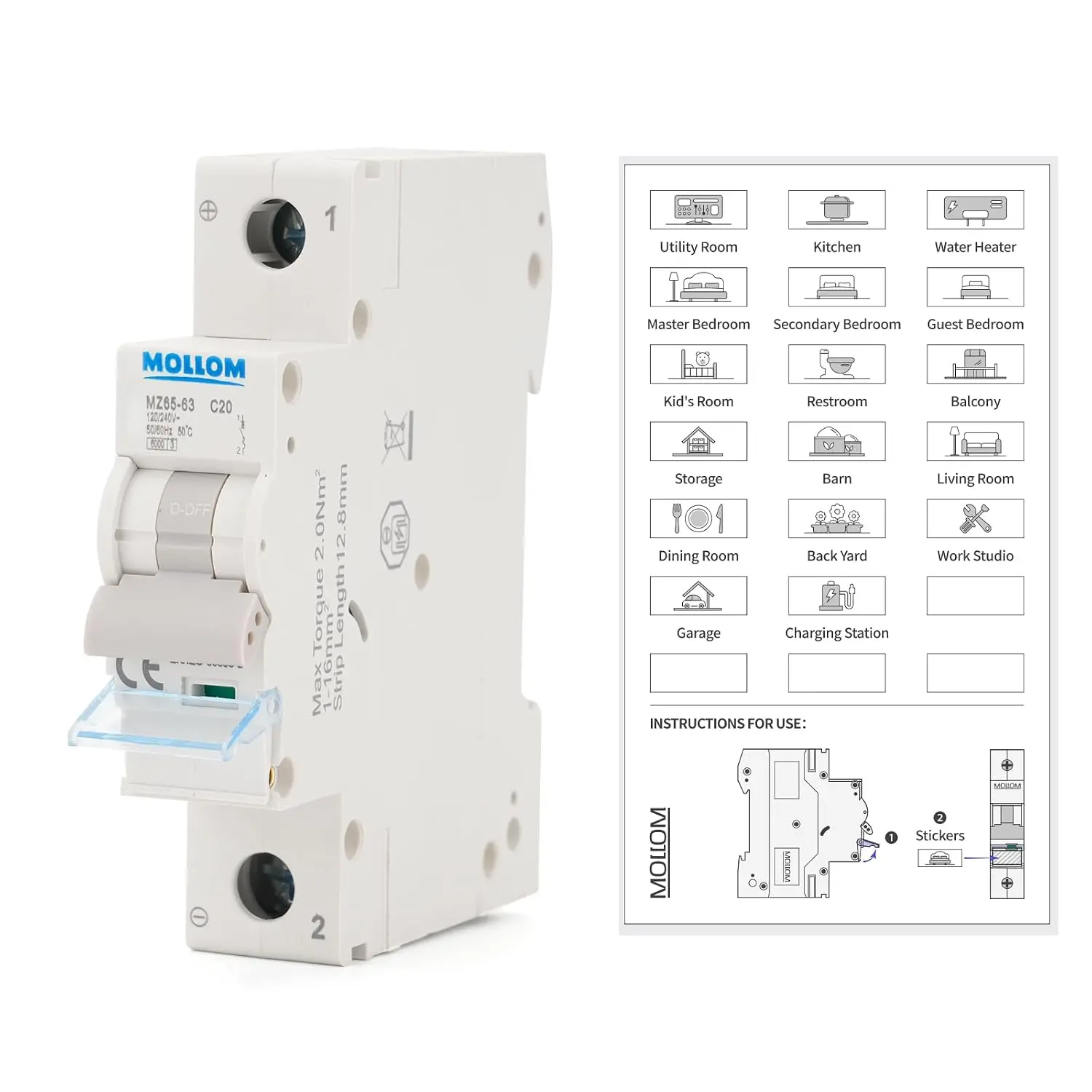 AC 1P 110-240V 20Amps C20 Miniature Circuit Breaker| Scene Visualization Custom MCB, Thermal Magnetic Trip, 6KA Breaking Capacity for Solar AC System, Home Use, RVs