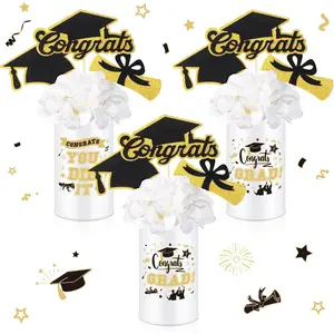 3 Sets Graduation Table Centerpiece Decorations White and Gold Class of 2026 Includes 3 Silk Artificial Flower 9 Congrats Grad Sticks Picks Toppers 3 Metal Vases for Home Party Supplies Gifts