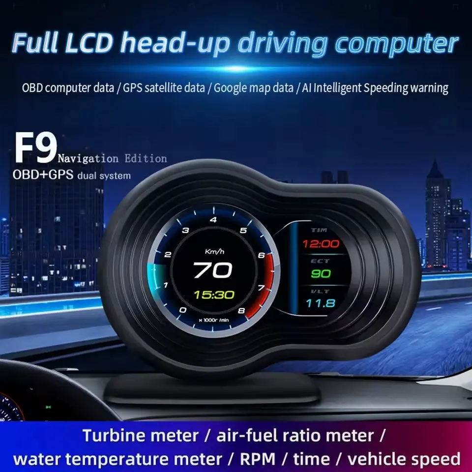 F9 LCD Car Hud Display, OBD 2+GPS Speedometer, Shows Speed, Water Temp, Voltage, Fuel Consumption, Mileage, Over-Speed Alarm, Universal Fit