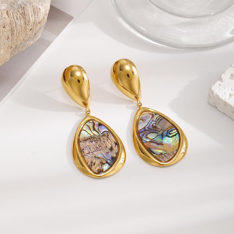 European and American geometric water drop shell earrings for women, niche high-end light luxury earrings, stainless steel abalone shell earrings, not easy to fade