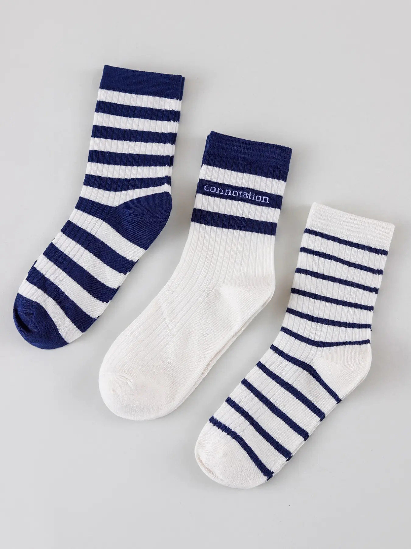 3 Pairs Blue Navy Striped Mid-Calf Knitted Socks, Korean Style College Fashion, Unisex Casual Versatile Sports Trendy Socks