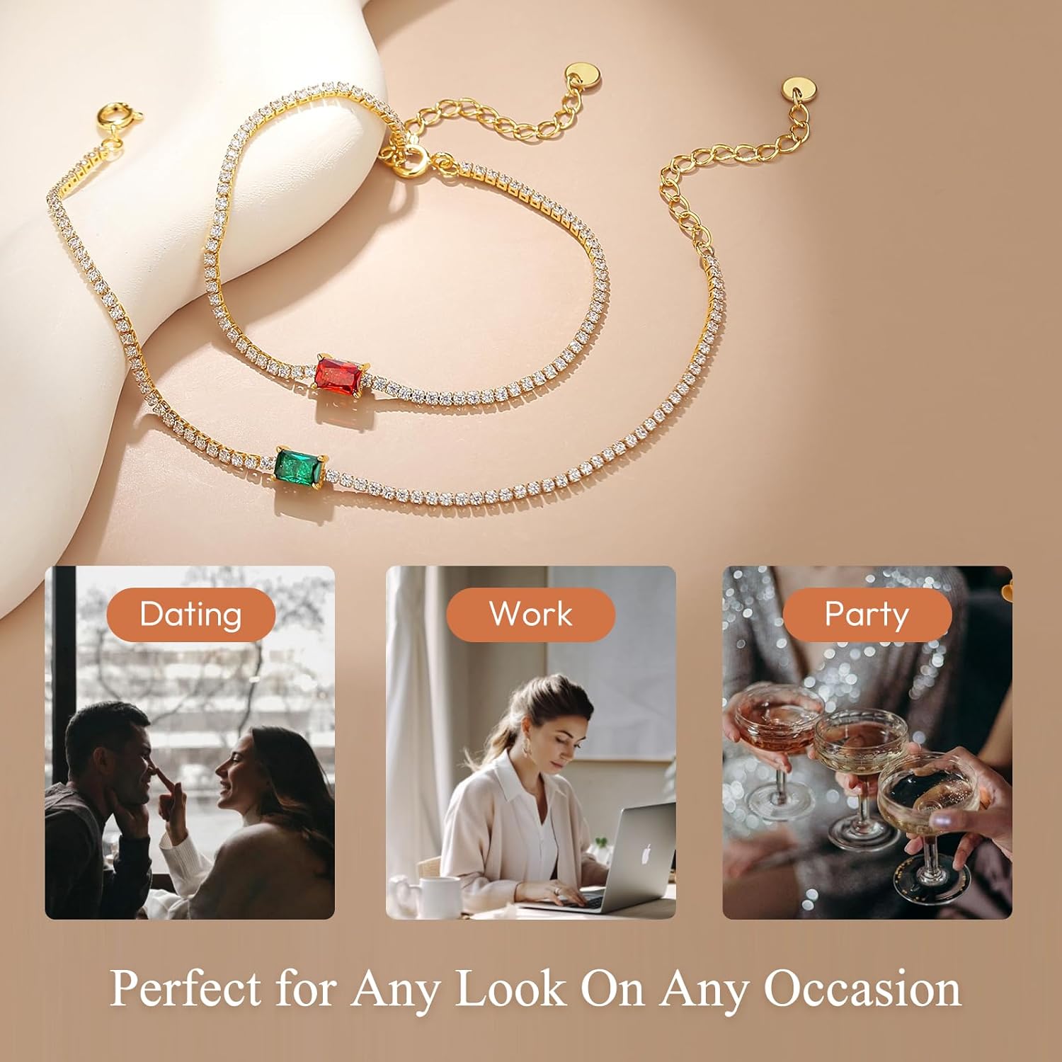 THE WELL KEPT Birthstone Bracelet for Women 14K Gold Plated Tennis Bracelet 2mm Fine Jewelry Birthday Christmas Day Gifts for Women Wife Girlfriend Her Mom Friend