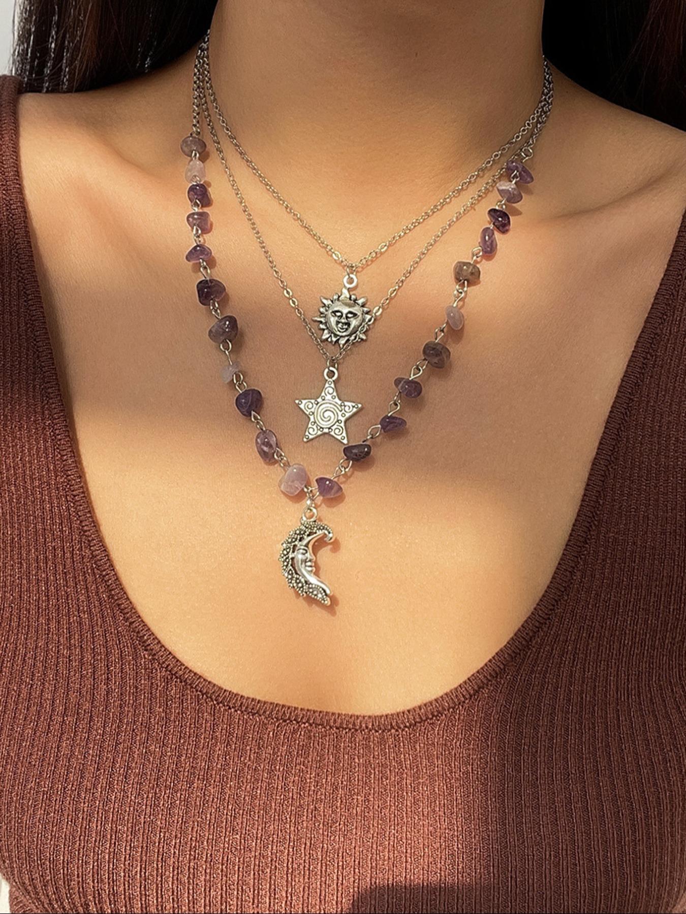 Women's Artificial Crystal & Star & Triple Moon Pendant Necklace, Star Shine Necklace, Jewelry for Party, Exquisite Jewelry for Gift, for Fall, Whimsical Necklace, Unique Gifts for Women, Statement Necklace