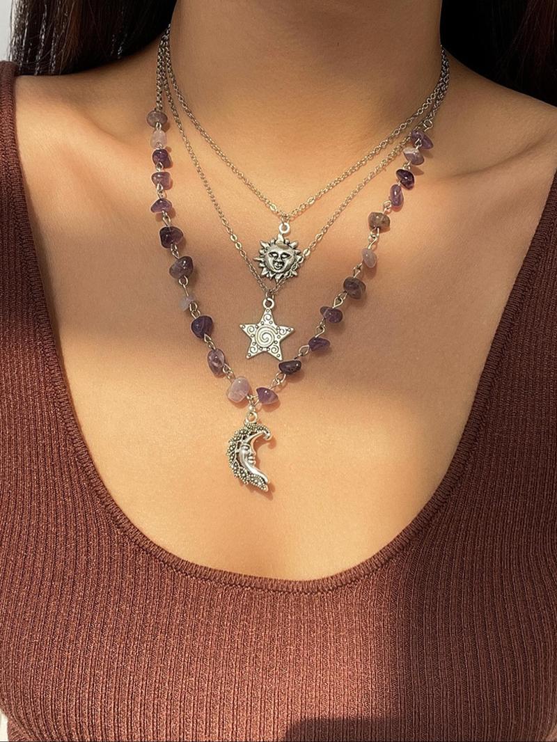 Women's Elegant Artificial Crystal & Star & Triple Moon Pendant Necklace, Fashion Jewelry for Party, Trendy All-match & Exquisite Jewelry for Gift, for Fall, Whimsical Necklace, Unique Gifts for Women, Statement Necklace, Necklace Stack