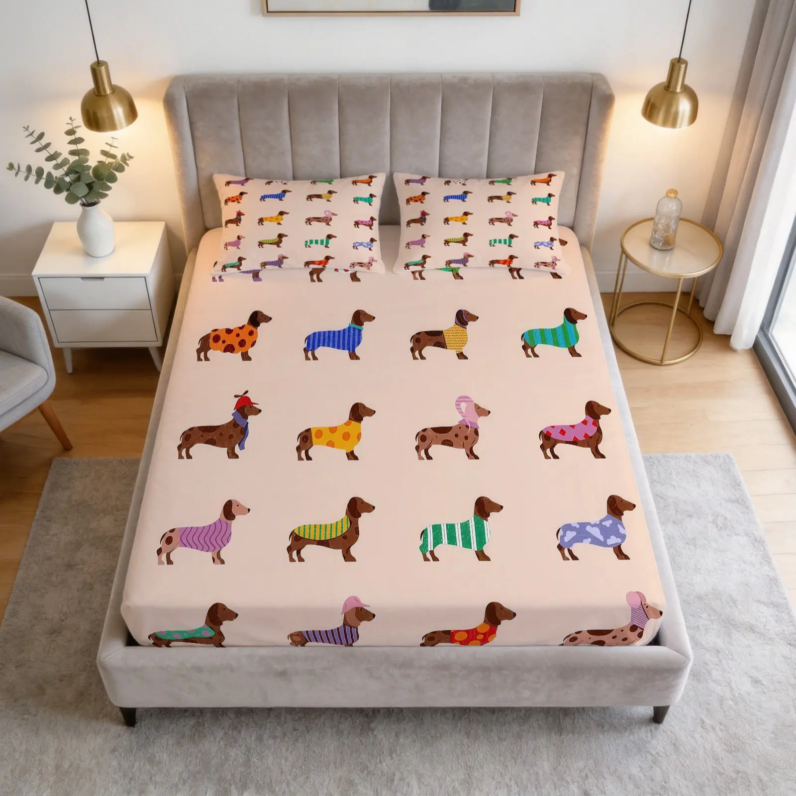 Dachshund rint Pattern Bed Sheet Set, Bed Sheets Set, 1 Bed Sheet With 2 Pillowcases (Excluding Pillow Core), Available In Multiple Colors, Suitable For Bedrooms, Dormitories, And Guest Rooms, Suitable As Gifts And Decorations, Bedsheet Sets